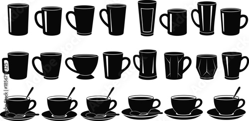 Black Silhouette Vector Set of Coffee Mugs, Tea Cups, Saucers, and Spoons in Various Shapes and Styles