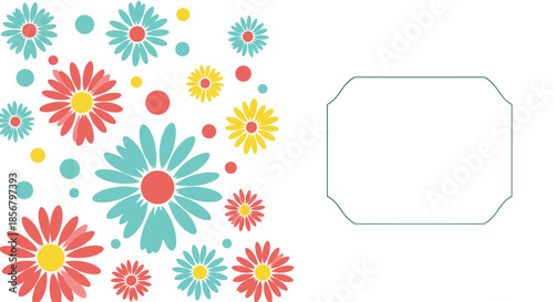 Colorful daisy pattern featuring teal, yellow, and coral flowers with a decorative label frame for custom text messaging.