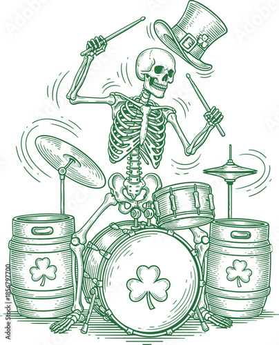 St Patrick’s Day Skeleton Drummer Illustration with Leprechaun Hat and Shamrock Drum, Funny Irish Music Character Artwork for Holiday Designs