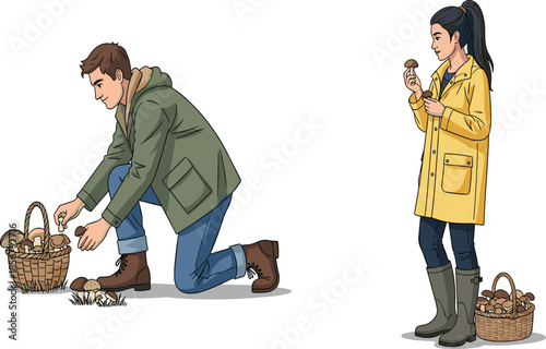 Couple collecting mushrooms in forest with basket, outdoor autumn activity, foraging lifestyle, nature exploration, organic food, wild harvest, sustainable living