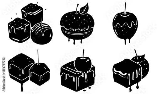 Chocolate covered fruits and sweets with dripping glaze on white background