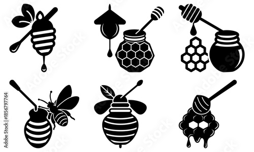 Black and white honeycomb and bee with honey dipper and honey pot