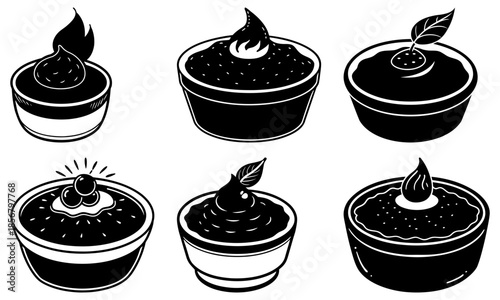 Five bowls of black pudding with various toppings on white background leaf