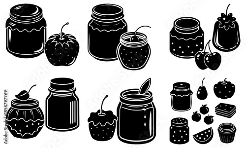 Black and white of jars and fruits on a white background strawberries cherries