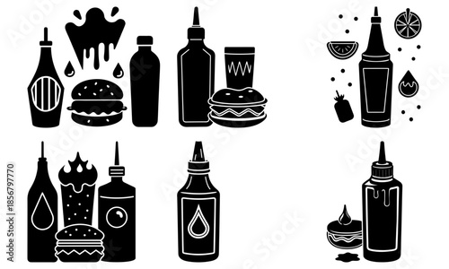 Black and white of various sauce bottles and food on a white background burger