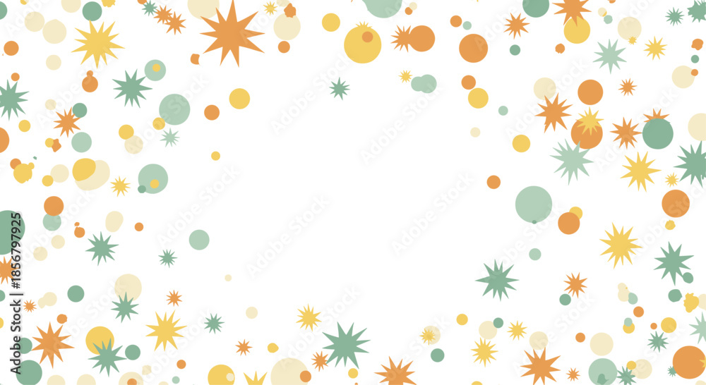 Obraz premium Festive pattern of colorful stars and dots scattered around a central white circular frame on a plain background.