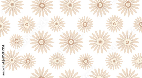 Elegant pattern of stylized daisy flowers in a soft beige color palette repeated on a plain white background for cards.