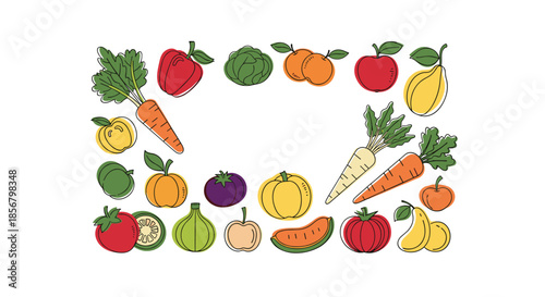 Fruit and vegetable border collection features colorful illustrations of apples, pears, carrots, tomatoes, and pumpkins on a white background.