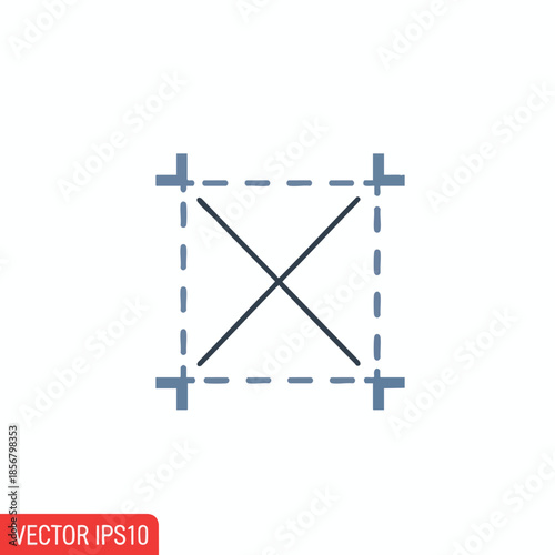 A geometric icon featuring a dashed square, diagonal lines, and small crosses