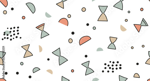 Abstract seamless pattern showcases a playful arrangement of hourglass shapes and dots in muted earth tones on a clean white background.