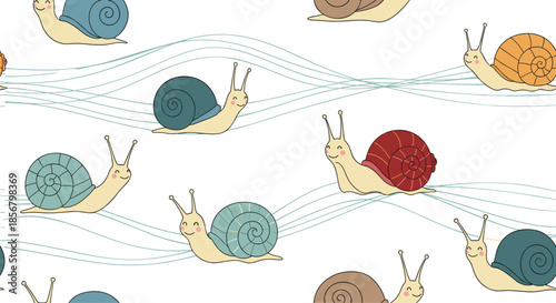 Charming snail pattern depicts happy cartoon snails with colorful shells crawling along flowing blue wavy lines in a delightful design.