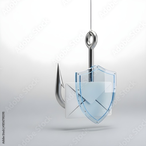 Phishing Email Protection Concept, Shield Blocking Hooked Envelope Icon, Minimal 3D Cybersecurity Illustration