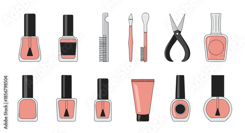 Professional manicure set features various bottles of peach nail polish alongside essential tools like brushes, scissors, and a tube of cream.