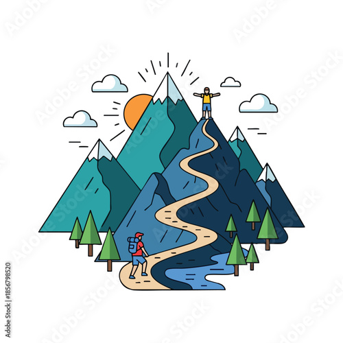 A hiker ascends a mountain trail to meet someone at the summit in a cartoon landscape