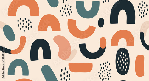 Abstract geometric pattern features a playful arrangement of arches, blobs, and dots in earthy tones of teal, orange, and navy on a cream background.