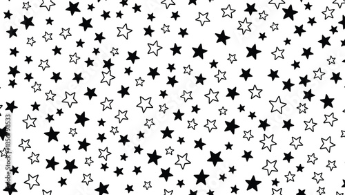 Black and white scattered stars seamless pattern with playful whimsical design for backgrounds, wrapping paper, textiles, and decorative projects