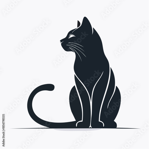 Cute cartoon illustration of a black cat silhouette with a long tail and glowing eyes sitting as a domestic feline pet vector on a white background