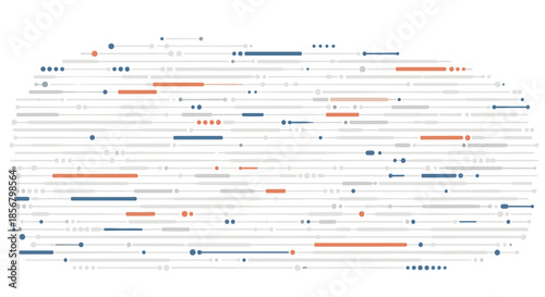 Horizontal data visualization pattern features various lines and dots in grey, blue, and orange tones, suggesting technology and connectivity concepts.