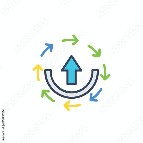 A central upward arrow surrounded by circular arrows in various colors