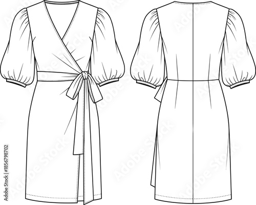 Classic V-neck midi wrap dress technical drawing, tie-waist closure, three-quarter balloon sleeves, modern silhouette, black vector flat illustration.