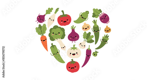 Heart-shaped arrangement of cute vegetables with happy faces includes carrots, tomatoes, and broccoli, celebrating healthy eating and organic food.