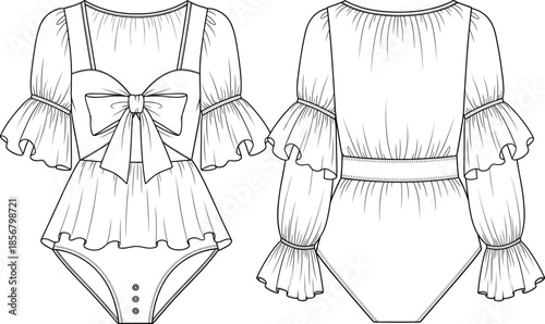 Fashion Flat Sketch of Bodysuit with Puff Sleeves, Elasticated Ruffle Hem, Straps, and Large Bow Detail, Technical Drawing Front and Back.