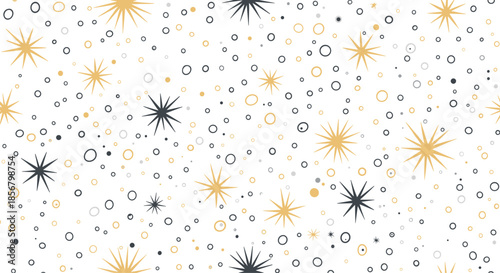 Whimsical night sky pattern features stylized stars and dots in gold, black, and grey scattered across a white background in a celebratory design.