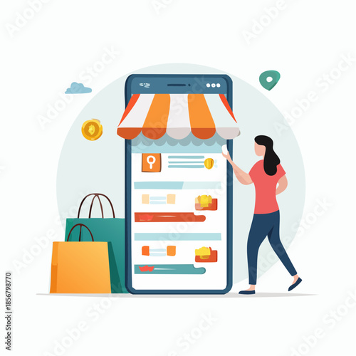 Cartoon vector illustration of a business design for summer tourism shopping featuring a car and bus at a supermarket with a school bag icon symbol