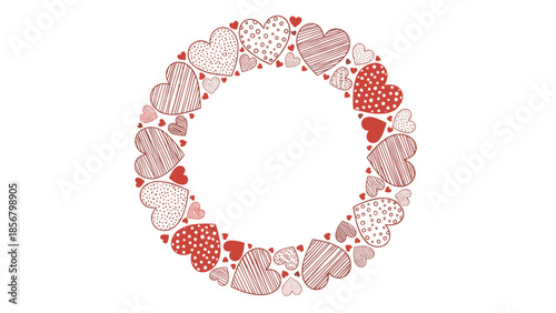 Circular frame illustration made of many hand-drawn red hearts with various patterns like dots and lines, creating a lovely wreath design.