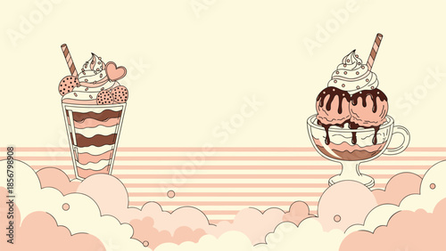A sweet and dreamy background illustration featuring a chocolate strawberry parfait and an ice cream sundae against a pastel striped backdrop.