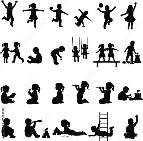 Children activities silhouette icon set showing kids playing, jumping, sitting, learning, and daily childhood moments in playful poses