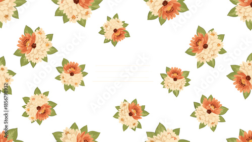 A beautiful floral background pattern featuring scattered bouquets of orange and cream dahlias with a small blank label in the center.