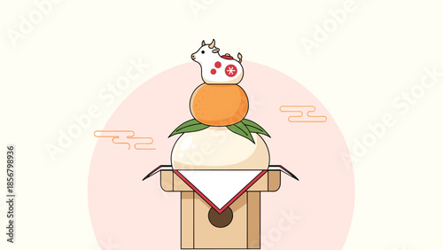 An illustration of a traditional Japanese New Year kagami mochi decoration with a small cow figurine on top for the Year of the Ox.