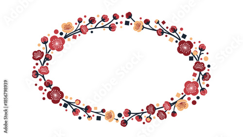 A beautiful and festive oval-shaped frame illustration composed of stylized red and yellow Japanese plum blossoms on dark branches.