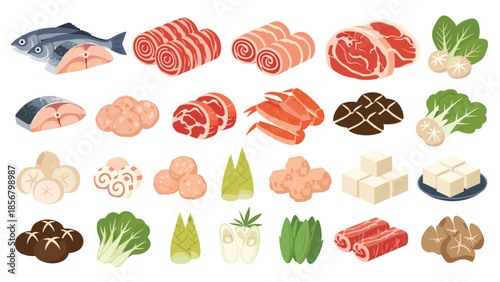 A large and varied collection of isometric vector illustrations showing fresh ingredients for a traditional Japanese hot pot dinner.