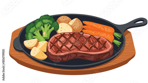 A mouth-watering illustration of a perfectly grilled beef steak served on a hot cast iron plate with potatoes, broccoli, and carrots.