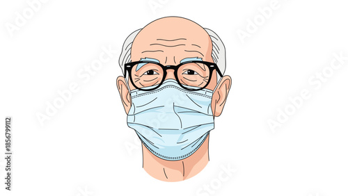 A portrait illustration of a senior man with glasses and graying hair wearing a blue disposable face mask for health protection.