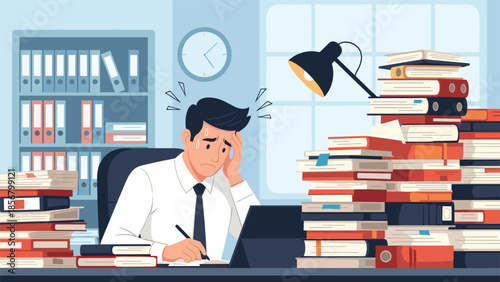 An illustration of a stressed and overworked businessman feeling overwhelmed by the massive piles of paperwork and books on his desk.