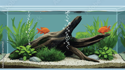 A serene and beautiful pixel art illustration of a well-planted aquarium with two goldfish swimming around a piece of driftwood.