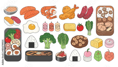 A large and comprehensive vector set of colorful, hand-drawn ingredients and components for making a traditional Japanese bento box.