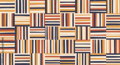 Dynamic geometric pattern of square tiles with alternating horizontal and vertical stripes in orange navy blue and cream colors.