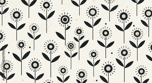 Stylish minimalist pattern of tall black flowers with round centers and simple leaves arranged on a light cream background.