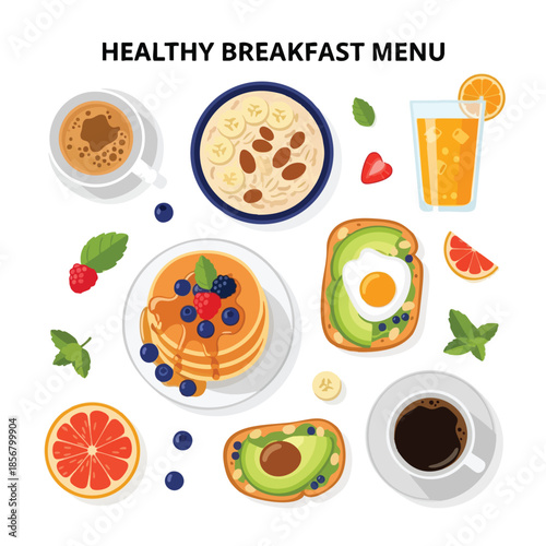 A stylized healthy breakfast menu with assorted food and drinks on a white backdrop