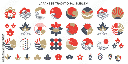 Japanese emblem, traditional symbol, cultural motif, wave design, cherry blossom, maple leaf, geometric art, red black gold white, flat vector illustration