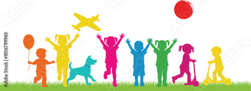 Colorful children playing silhouette illustration featuring happy kids outdoors with toys, balloons, and playful childhood activity scenes