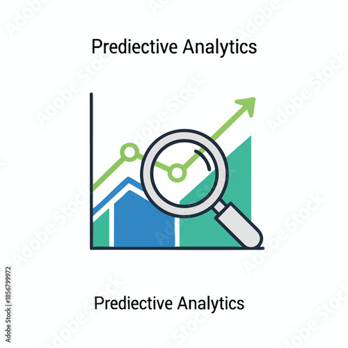 Graphic of a chart with magnifying glass, predicting upward trend