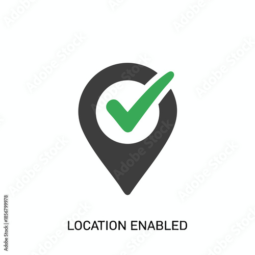 A dark gray map pin icon with a green checkmark indicating location enabled