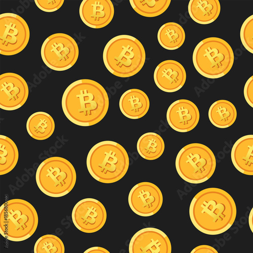 Bitcoin background. Bitcoin seamless pattern wallpaper on black background. Cryptocurrency, crypto, btc, mining, money, blockchain