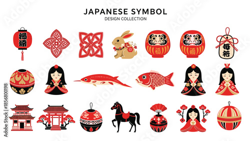 Japanese symbol, cultural icon, festive motif, traditional design, red lantern, Daruma doll, koi fish, floral ornament, NewYear art, flat vector illustration