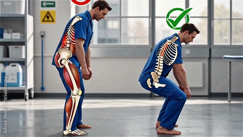 Safe vs Unsafe Box Lifting Posture Comparison – Worker with Red Cross ...